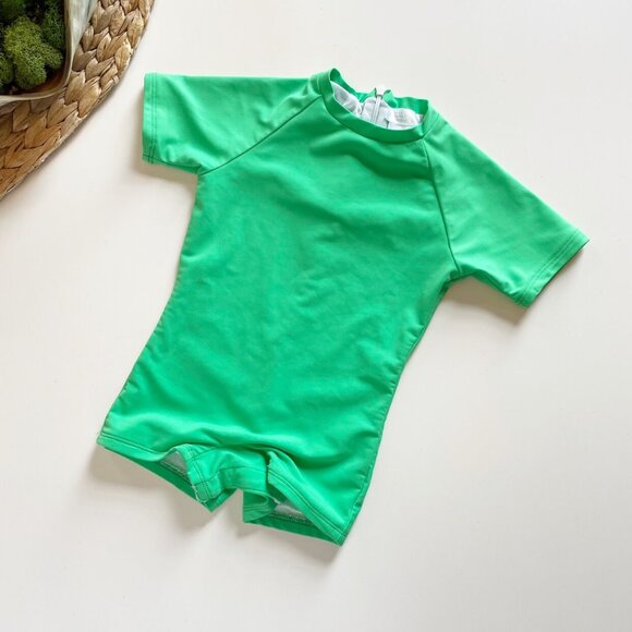 • Pearl Street Neon Green Short Sleeve Rash Guard One Piece Swimsuit • Unisex - Picture 1 of 4